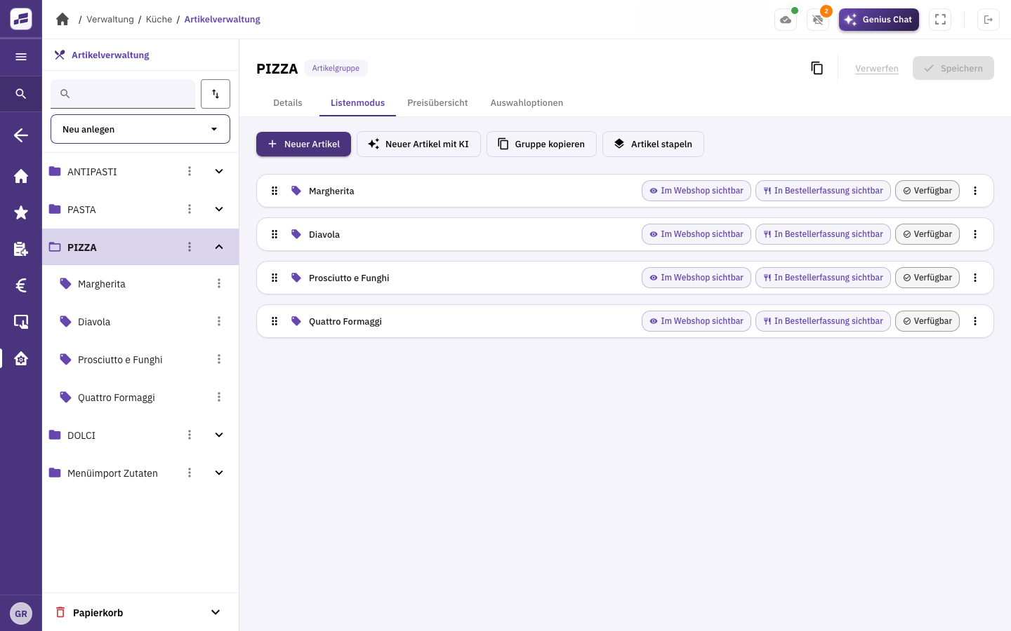 FoodGenius item overview showing pizzas and settings for their visibility in the shop and during order taking.