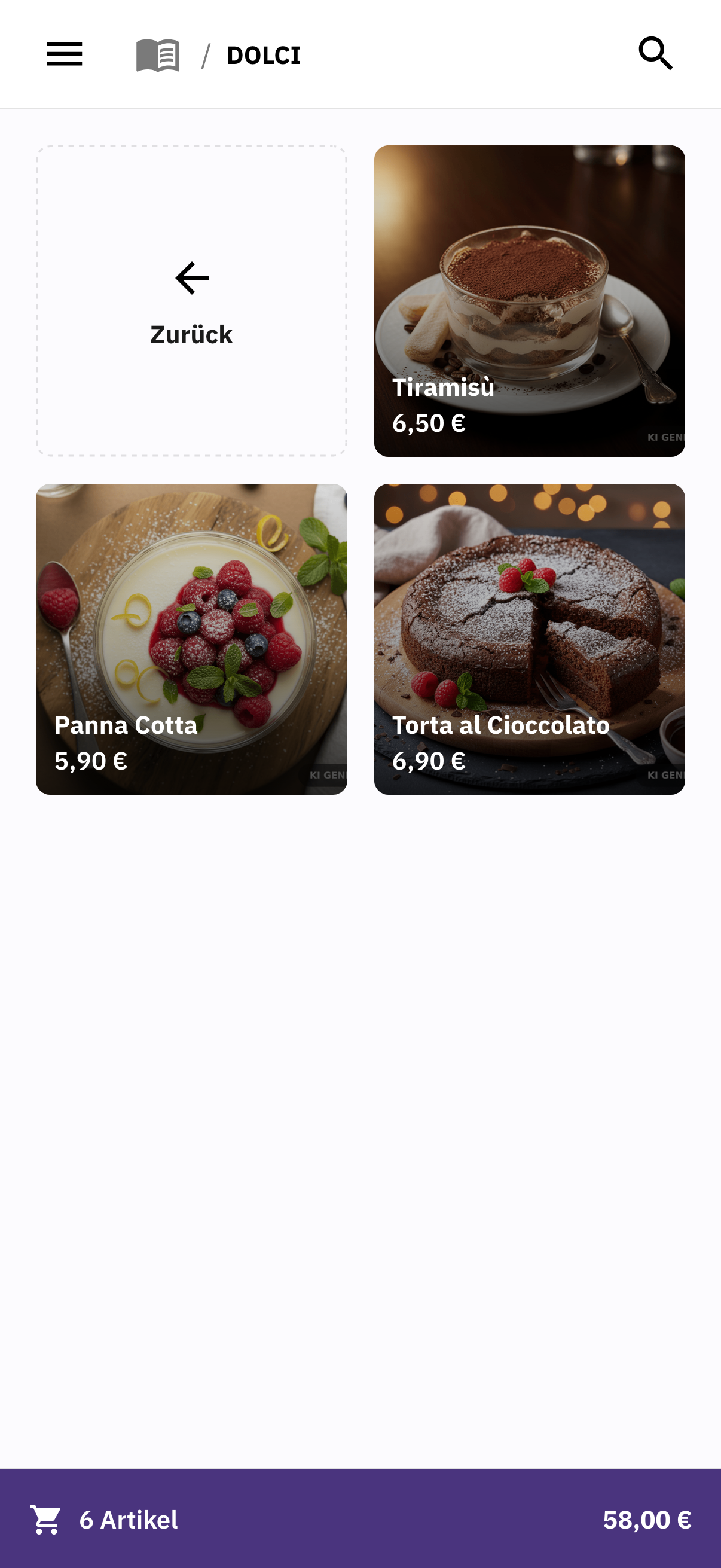 Mobile order taking in FoodGenius: desserts with photos and prices, with the basket and total amount below.