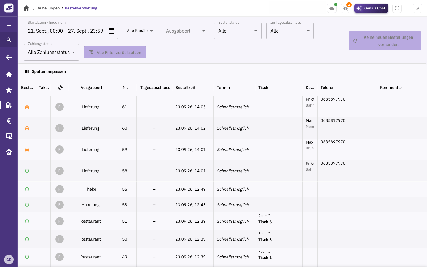FoodGenius order overview showing delivery, pickup, restaurant and counter orders and their status.