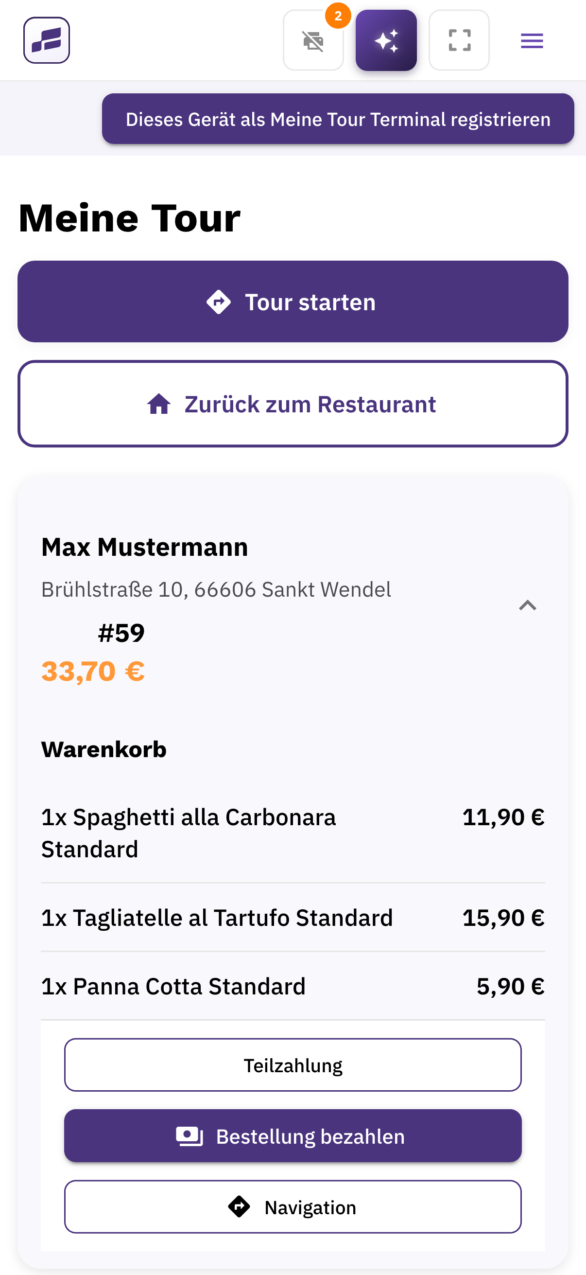 FoodGenius driver app with the delivery address, ordered dishes, total amount and buttons for navigation and completing the delivery.