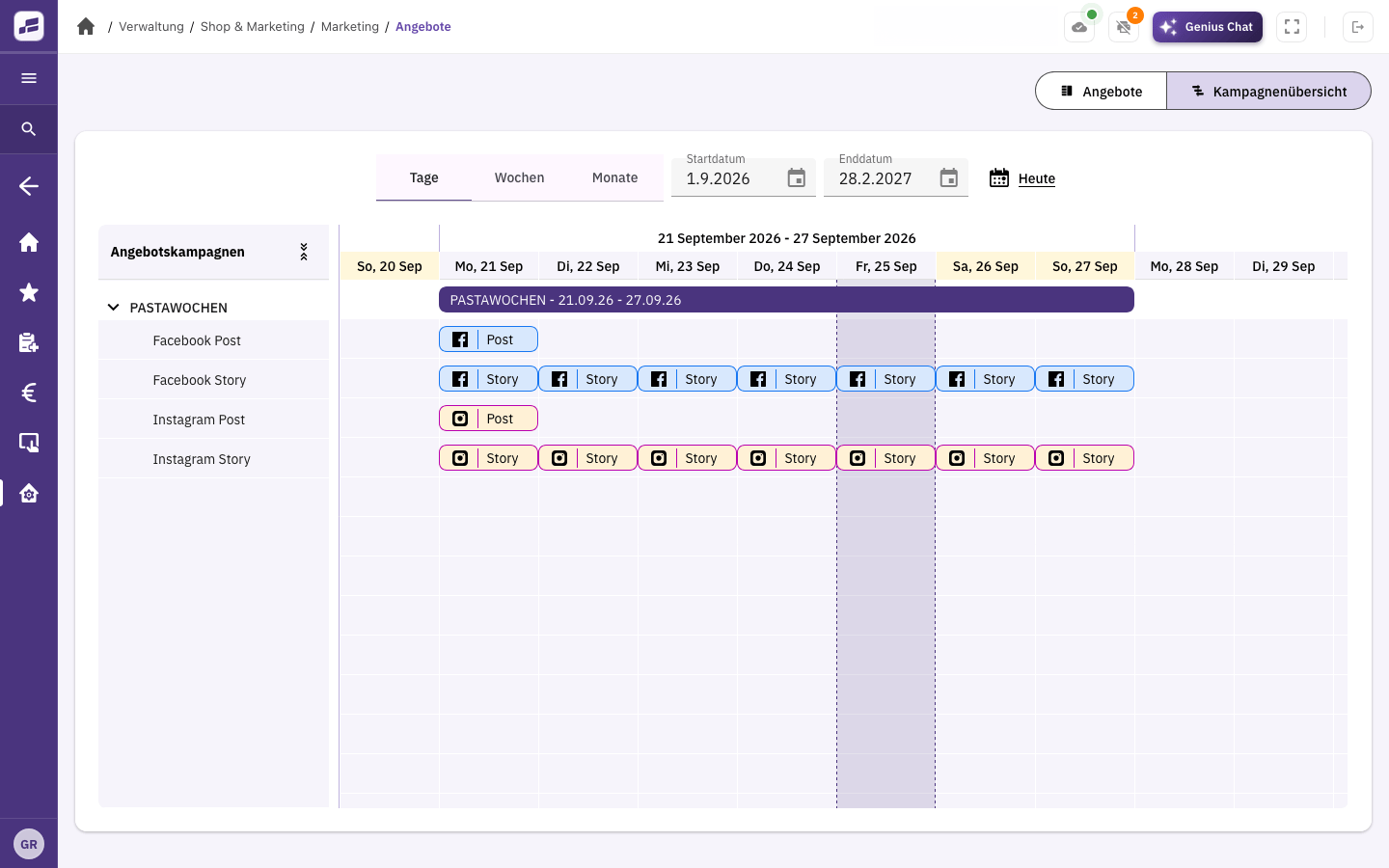 FoodGenius campaign calendar with scheduled posts and stories for Instagram and Facebook.