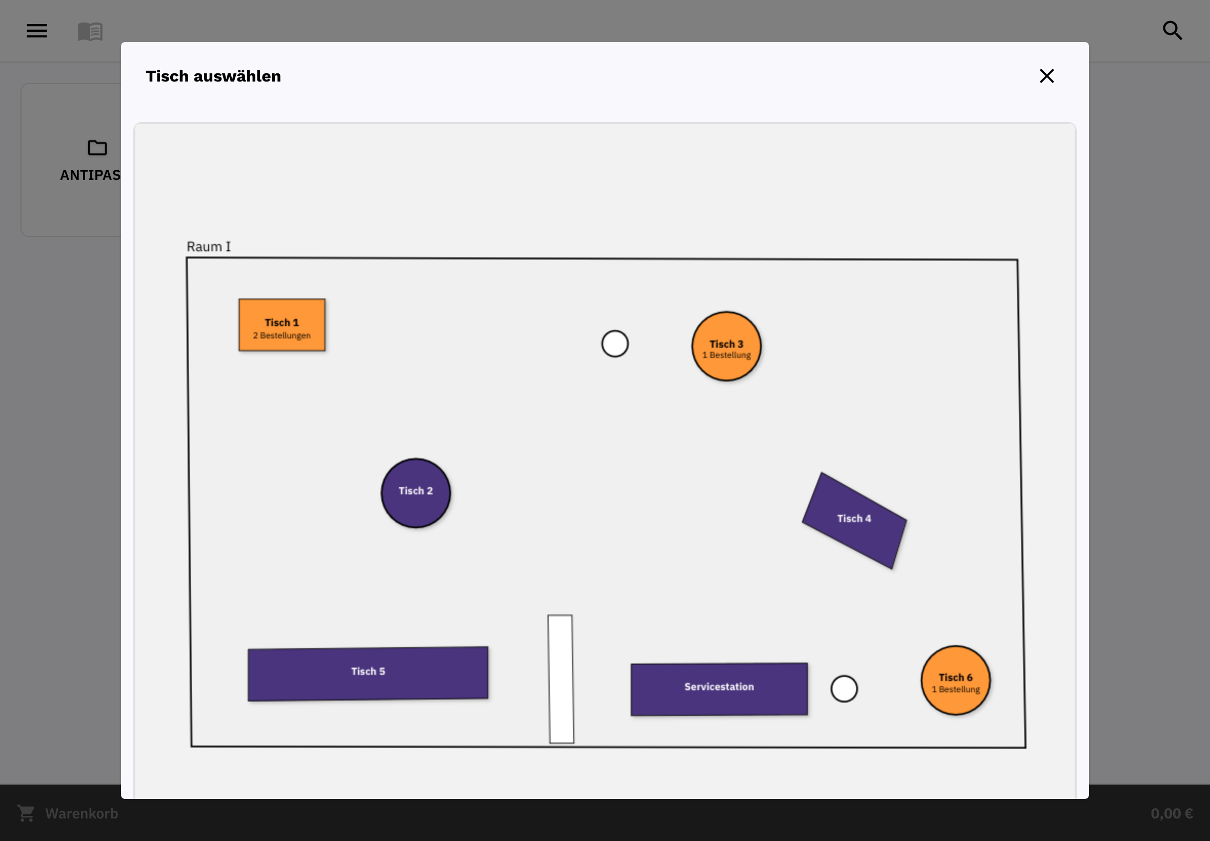Visual FoodGenius table plan with tables in different arrangements and colour-coded orders.