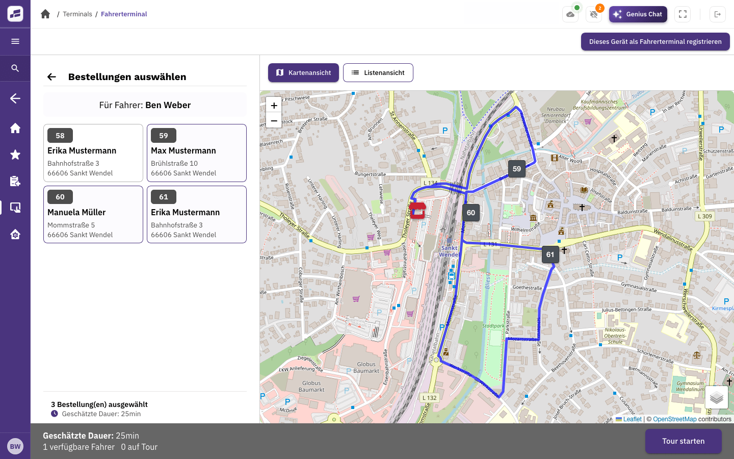 FoodGenius-Tourenplanung mit Lieferaufträgen für einen Fahrer und der zugehörigen Route auf der Karte.
