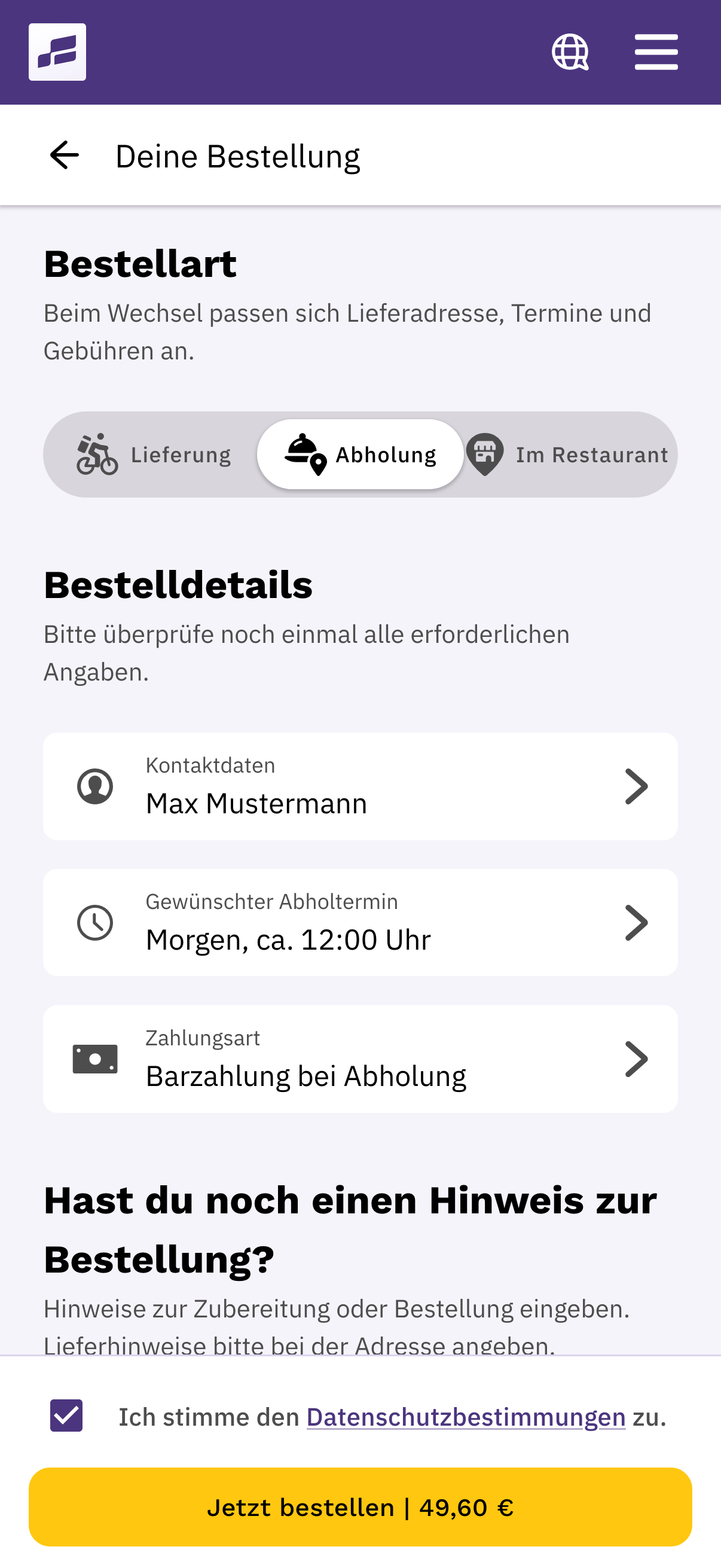 Bestellabschluss im FoodGenius-Onlineshop mit Bestellart, Kontaktdaten, Termin, Zahlungsart, Gesamtbetrag und Bestellbutton.
