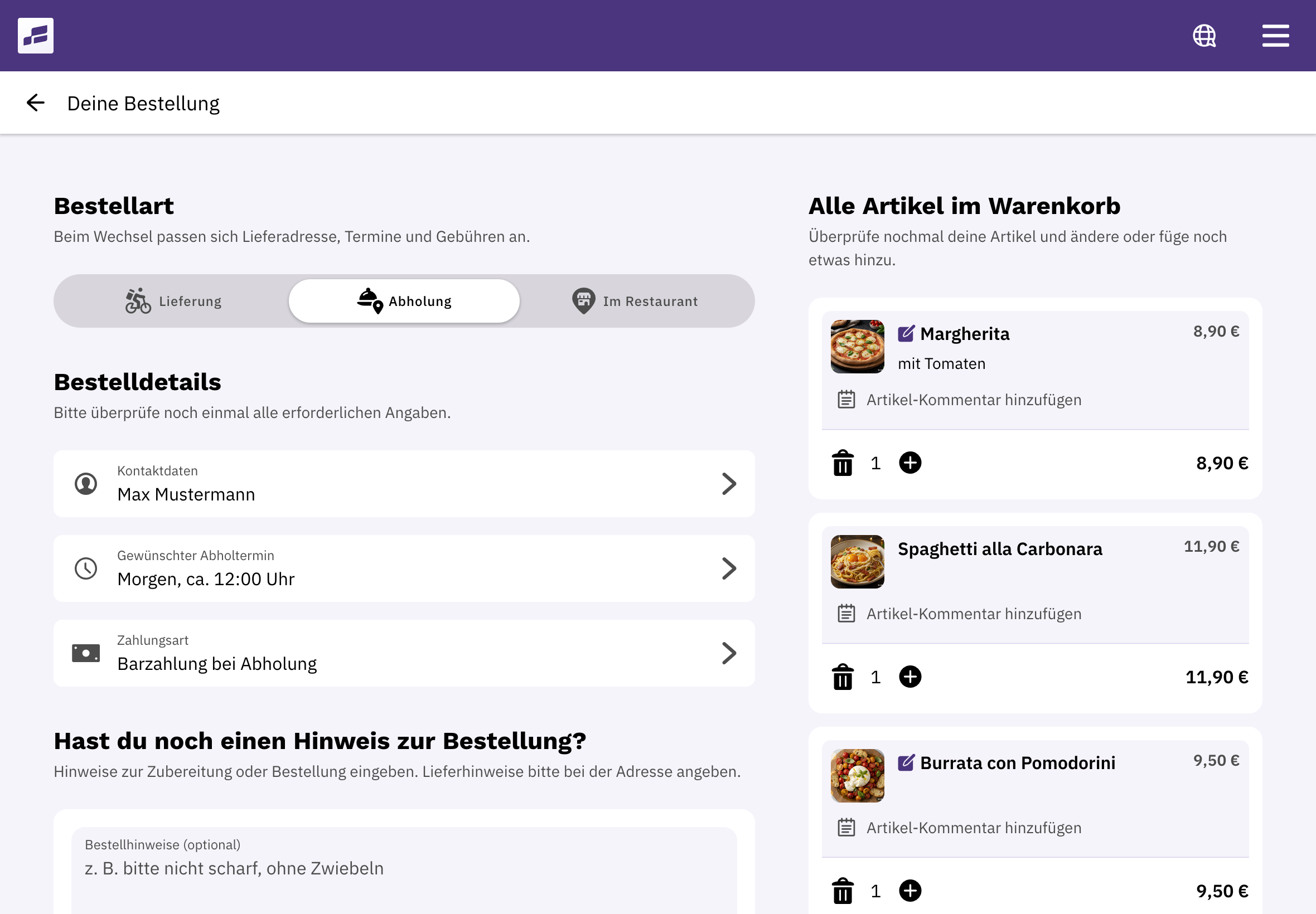 Bestellabschluss im FoodGenius-Onlineshop auf dem Tablet mit Bestellart, Kontaktdaten, Termin, Zahlungsart und Warenkorb.