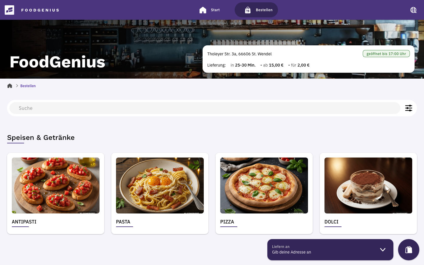 FoodGenius online shop with search, delivery information and illustrated categories for starters, pasta, pizza and desserts.