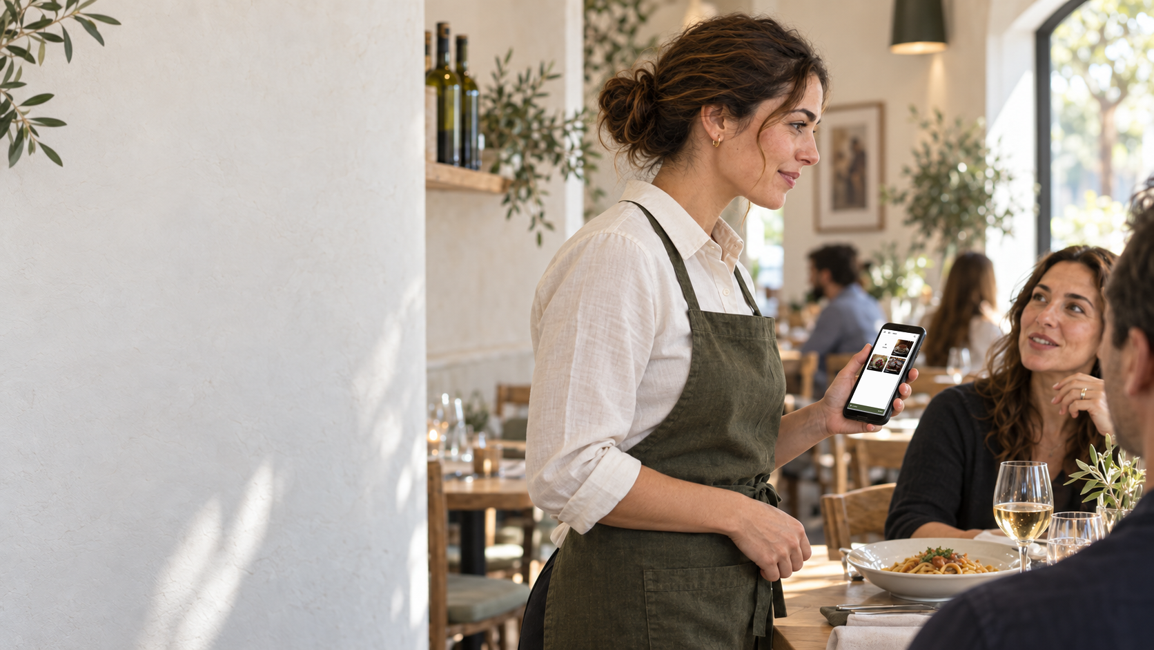 A member of staff takes an order on a smartphone at a restaurant table.