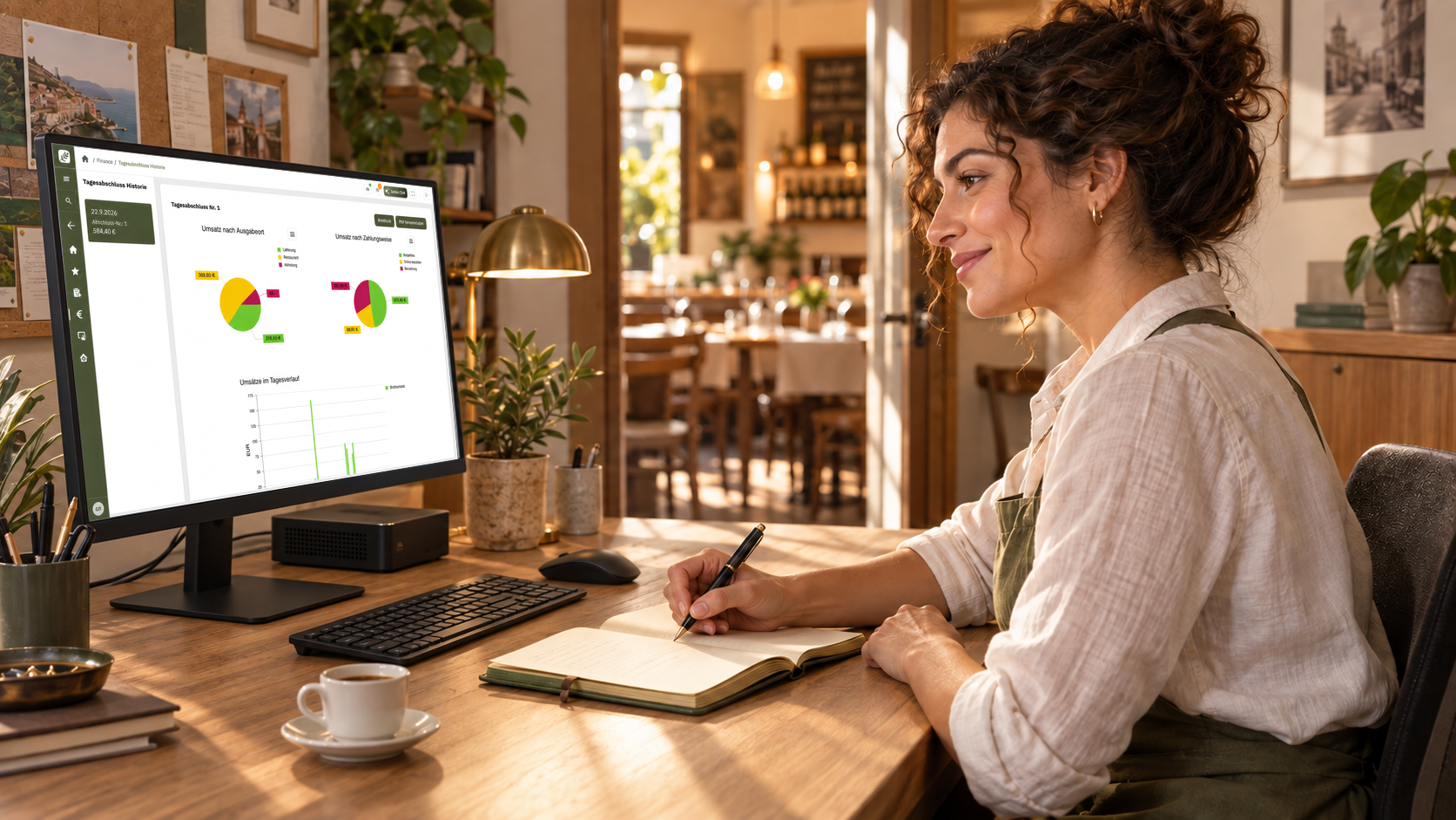 A restaurant manager views sales charts in FoodGenius on a computer and takes notes.