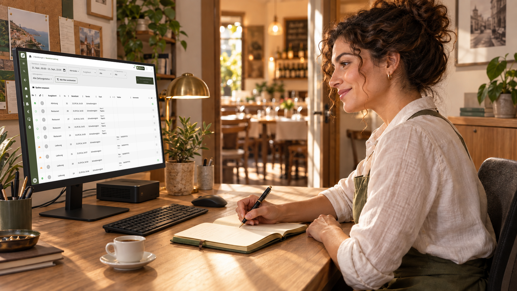 Restaurantleitung prüft Angaben in FoodGenius am Computer und macht sich Notizen.