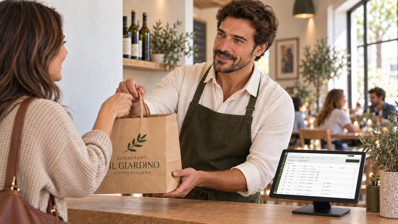 Servicemitarbeiter übergibt einer Kundin ihre verpackte Bestellung an der Restauranttheke.