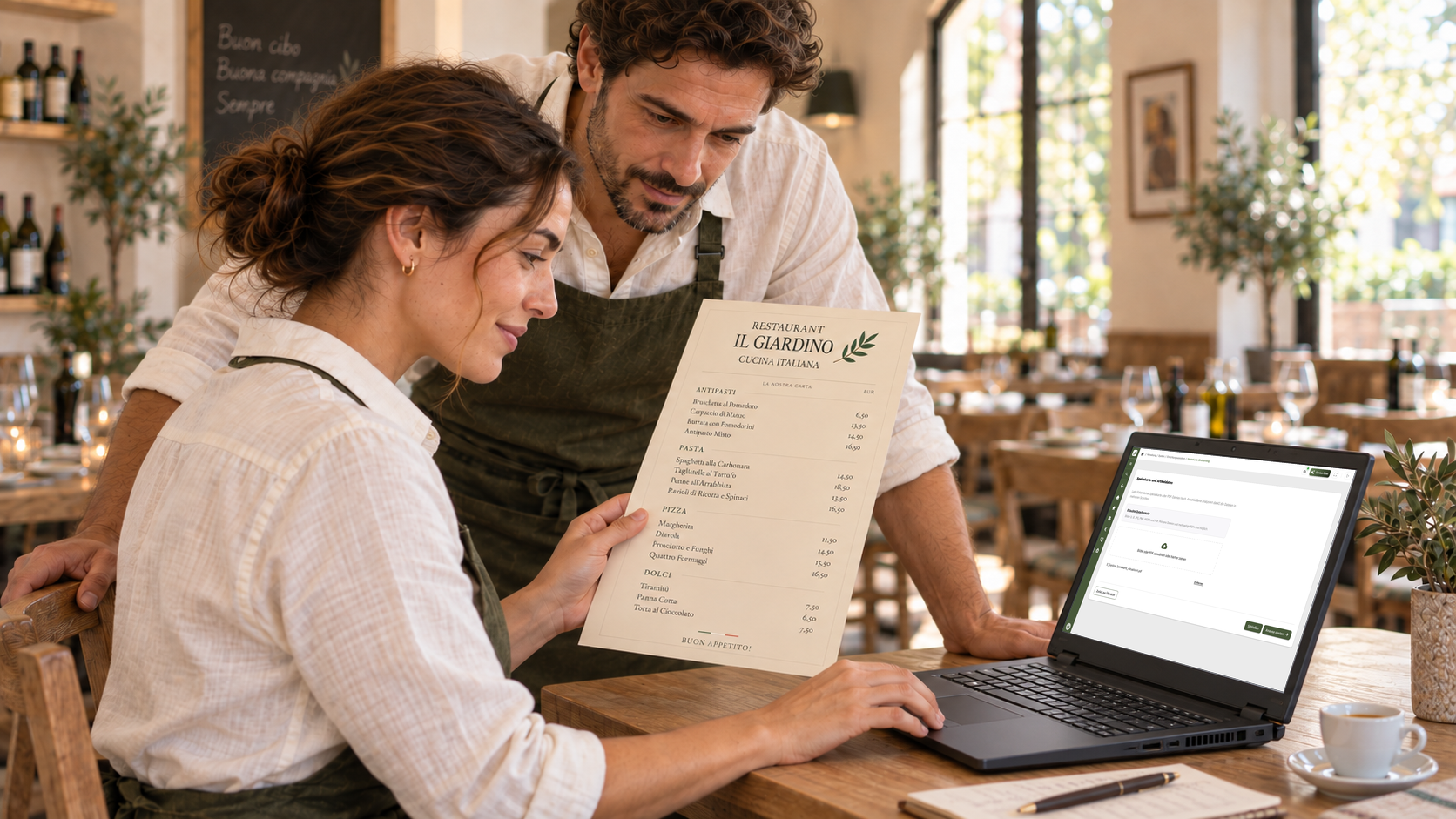 Zwei Restaurantmitarbeitende vergleichen ihre gedruckte Speisekarte mit den Angaben am Laptop.