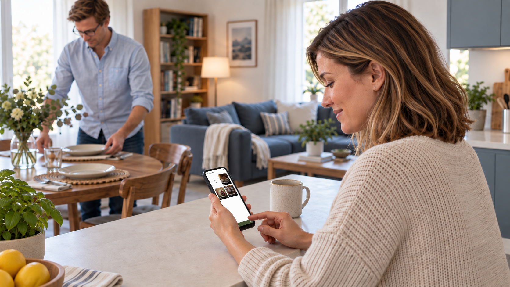 A customer chooses dishes in the online shop on her smartphone at home.