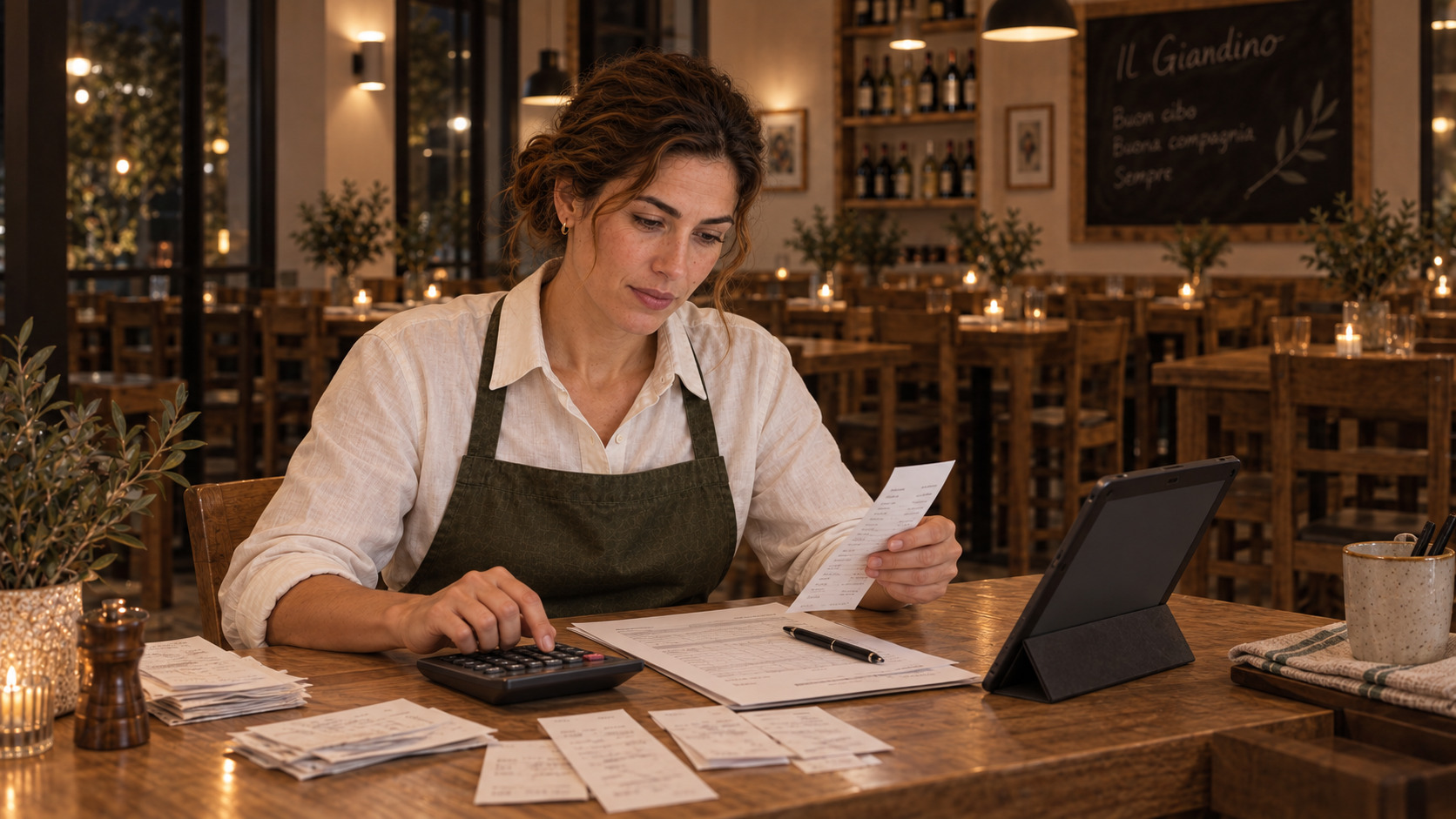 Giulia erledigt nach Feierabend den Tagesabschluss im leeren Restaurant.