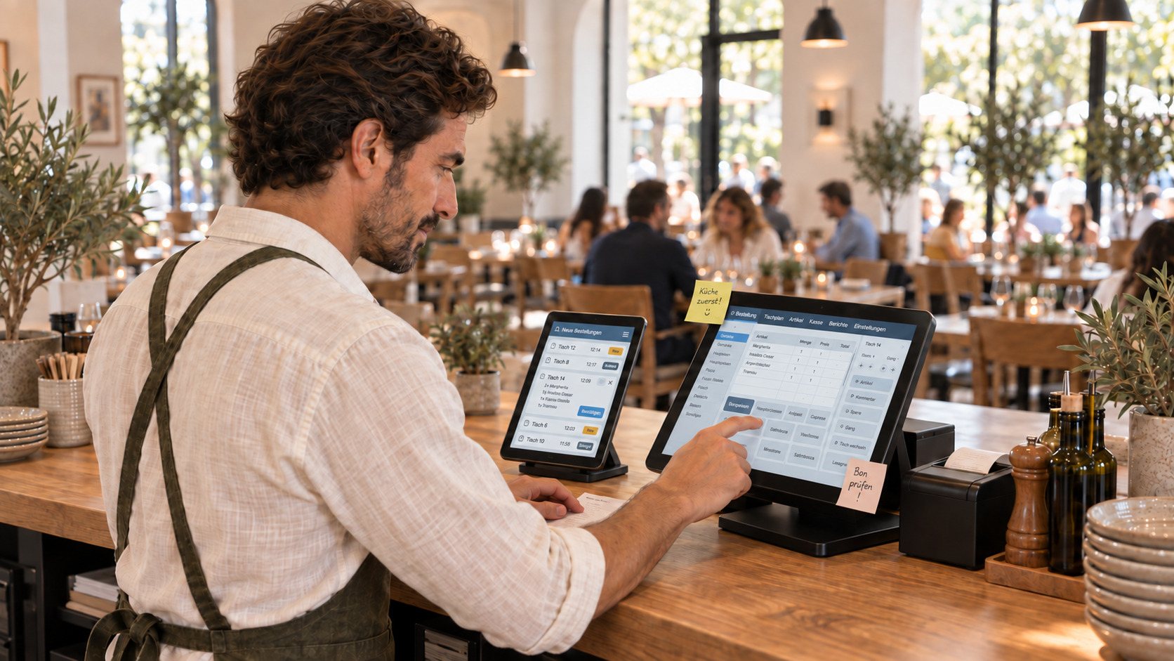 Francesco überträgt eine Bestellung zwischen zwei Geräten mit fiktiven Softwareansichten.