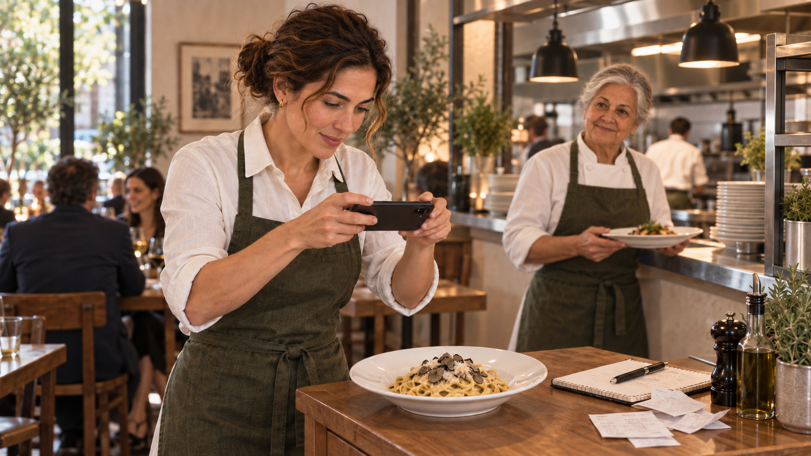 Giulia fotografiert Trüffelpasta, während Maria am Küchenpass mit dem nächsten Teller wartet.