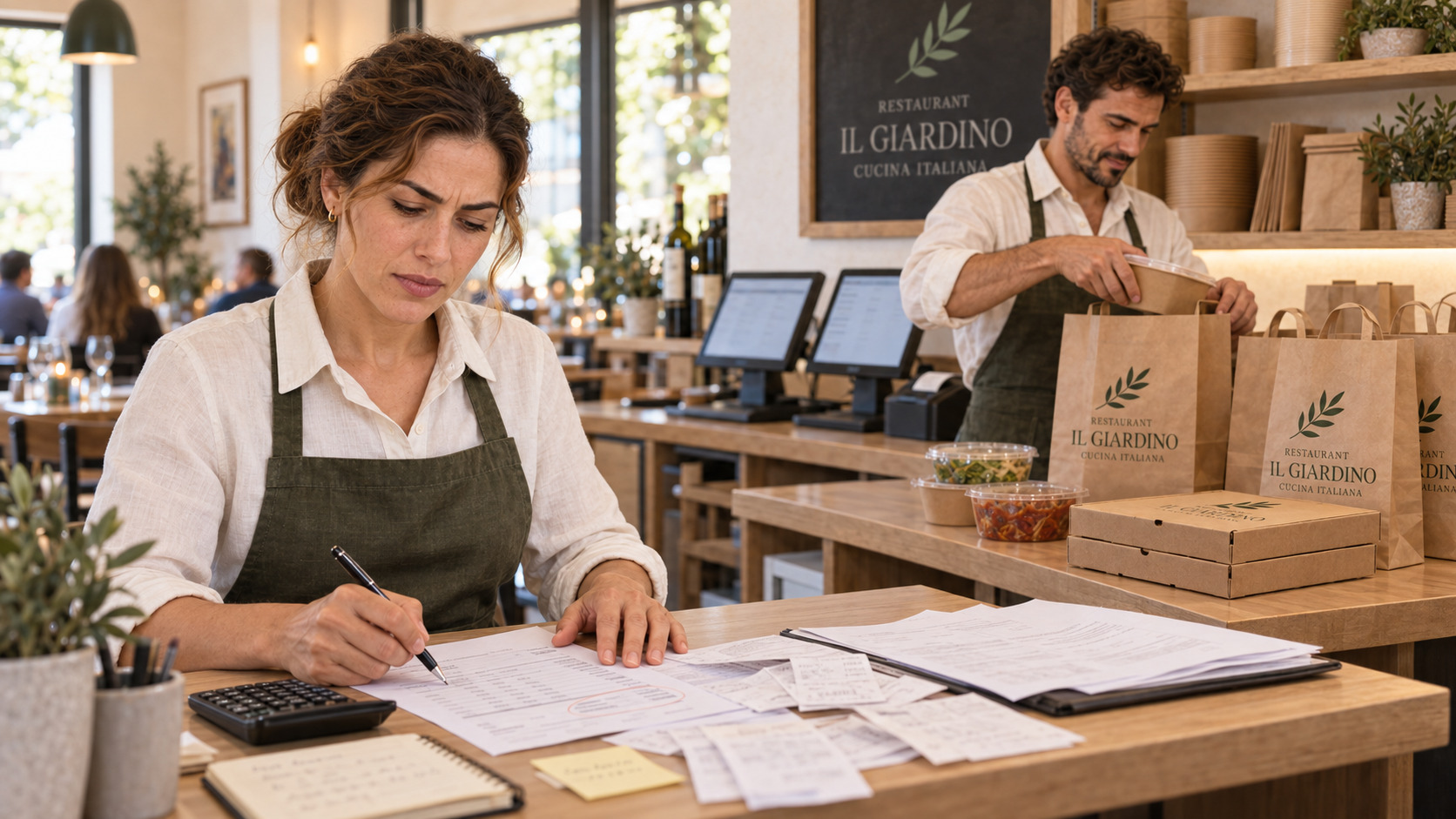 Giulia prüft eine Bestellabrechnung mit dem Taschenrechner, während Francesco weitere Lieferbestellungen verpackt.