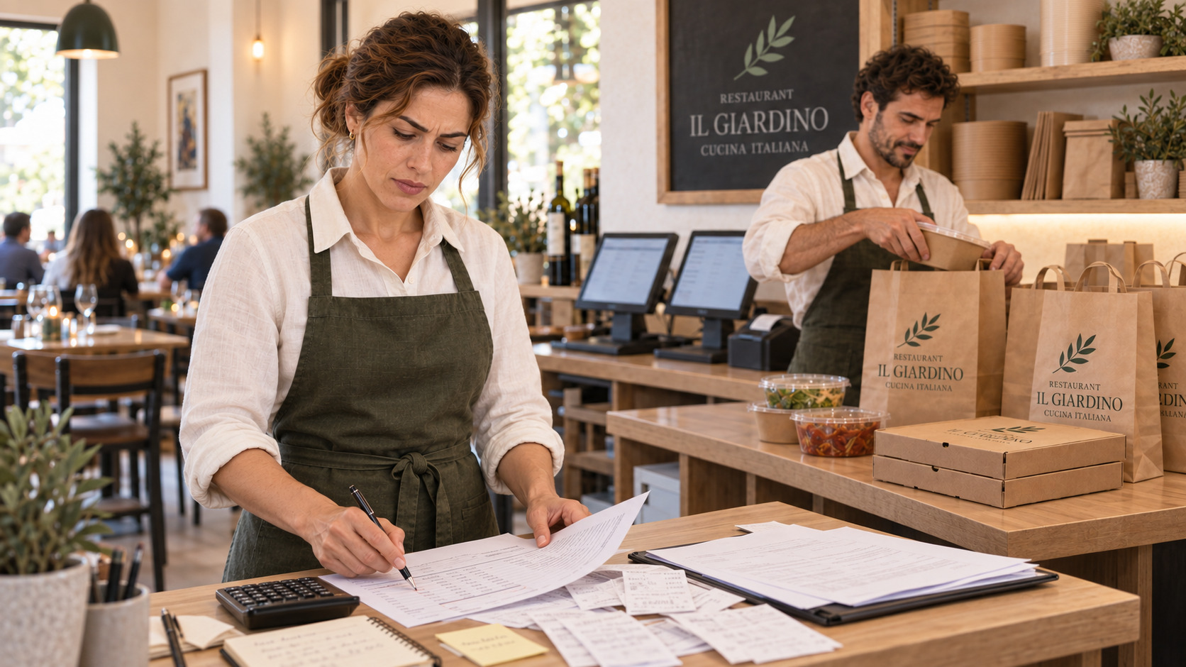 Giulia prüft im Stehen eine Bestellabrechnung an der Packstation, während Francesco weitere Lieferbestellungen verpackt.
