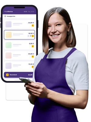 Eine Servicekraft nutzt das Kassensystem direkt auf dem Smartphone, um Bestellungen schnell und einfach aufzunehmen.